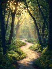 Obraz premium Sun-Kissed Path: A winding trail through a serene and enchanting forest, bathed in golden light.
