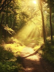 Obraz premium Sunlit Path Through a Verdant Forest, A Serene Nature Escape