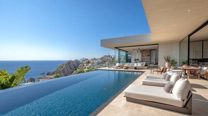 Obraz premium Luxury villa with infinity pool overlooking ocean.