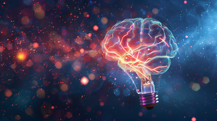 Obraz premium Ingenuous neuroscience glowing light bulb and human brain fusion for divergent innovative thinking. Groundbreaking light bulb cognitive science powerful mind smart thinking ability