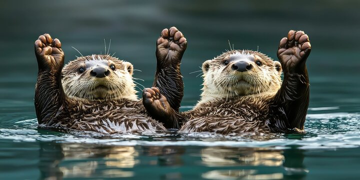 Playful otters floating on their backs in a river