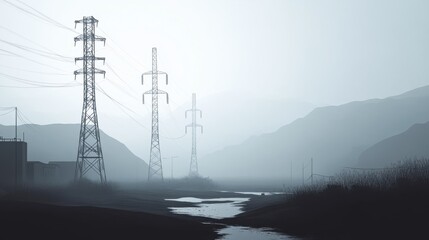 Monochrome illustration of high voltage power line towers, electric transmission design