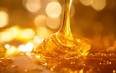 A close-up view of honey flowing gently, showcasing its golden hue and smooth texture against a blurred background.