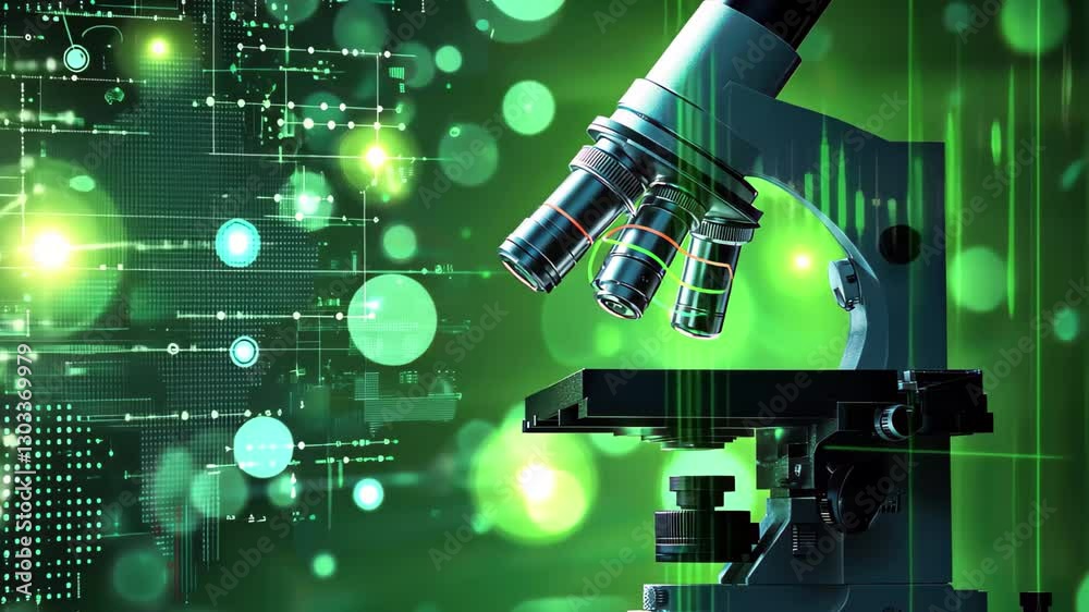 Poster scope scanning and digital data processing over green background with intricate patterns, scope scan