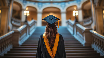 A graduate in cap and gown, standing on a majestic staircase, reflecting hopes for the future.