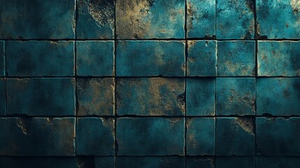 Naklejka premium Weathered teal tile wall with texture, gold and blue hues, full frame shot