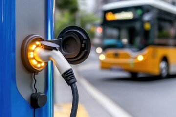 Electric vehicle charger glowing, electric bus blurred in background.