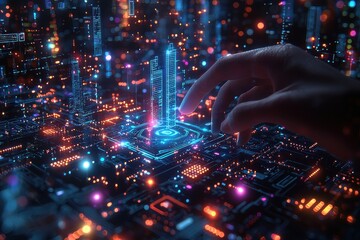 Hand interacting with a futuristic glowing digital cityscape sculpture