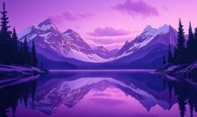 mountain landscape at dawn, with snow-capped peaks reflecting in the crystal-clear waters of Lake, as the sky transitions from purple to pink hues,