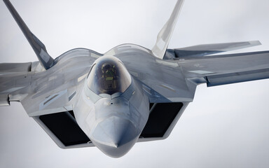 Extremely close view of a F-22 Raptor  over South California