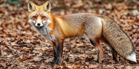 Fototapeta premium Red fox with a bushy tail standing in autumn leaves