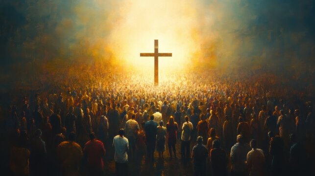 A large cross is at the center of an art painting, surrounded by people from all walks of life standing together with faces illuminated and filled with hope as they gaze upon it