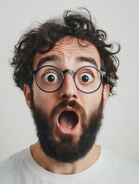 Close up portrait of stunned bearded young guy drops jaw, has bugged dark eyes, sees something unbelievable and surprising, has eyewear, isolated on white background. People, emotions concept