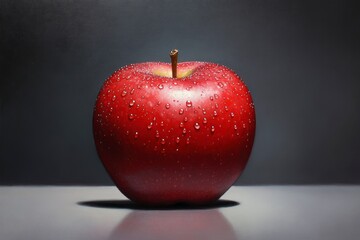 shiny red apple with water droplets on it, against a dark gray background