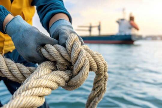 Worker's hands tying large rope knot, with blurred cargo ship in background.