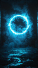Fototapeta premium A glowing neon ring illuminates a dark tunnel, casting a futuristic and mysterious ambiance. The vibrant light contrasts with the shadowy surroundings, evoking a sense of infinity and transformation