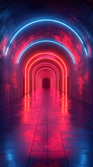 Fototapeta premium A glowing neon ring illuminates a dark tunnel, casting a futuristic and mysterious ambiance. The vibrant light contrasts with the shadowy surroundings, evoking a sense of infinity and transformation