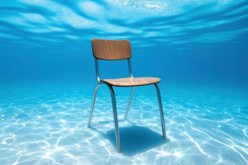 Fototapeta premium A wooden chair sits on the sandy bottom of clear blue water, sunlight dappling the scene, creating a serene, surreal underwater world.