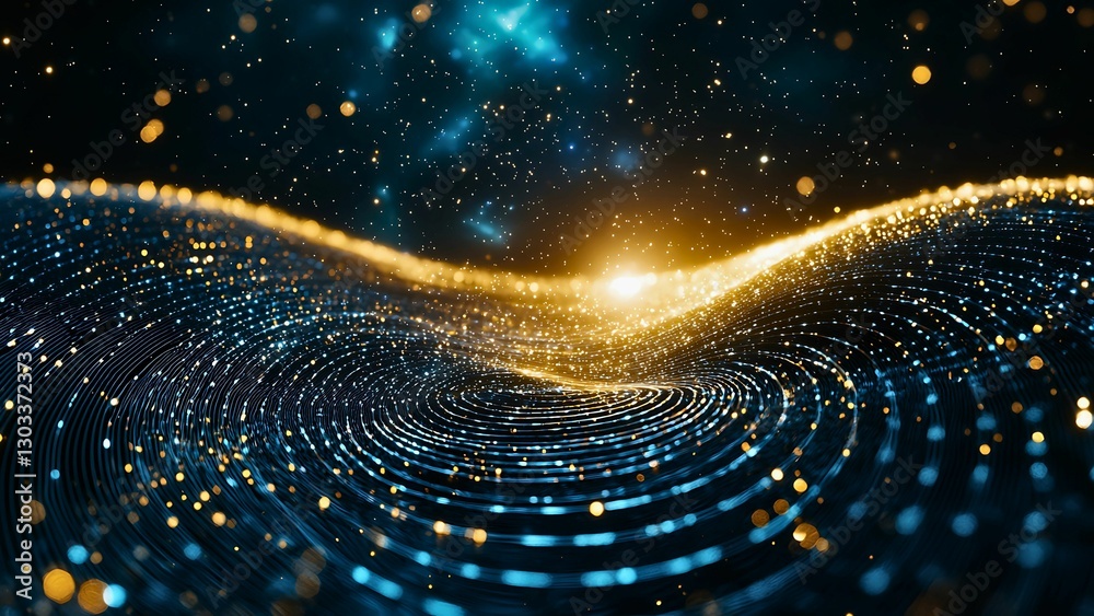 Poster glowing wavy lines and dots with sparkling elements representing abstract futuristic data.