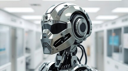 Fototapeta premium Futuristic robotic head showcasing advanced technology and sleek design in a modern laboratory environment, highlighting innovation in artificial intelligence. 
