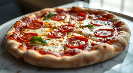 A freshly baked pizza topped with cheese, pepperoni, and basil, beautifully presented on a plate, ideal for a delicious meal or casual gathering.  