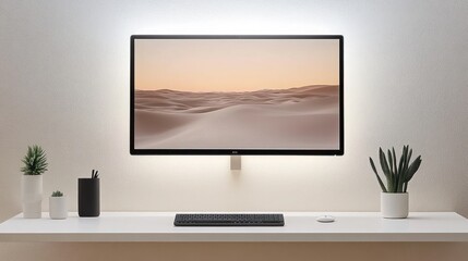 Fototapeta premium Modern Minimalist Workspace with Desert Landscape Desktop Background