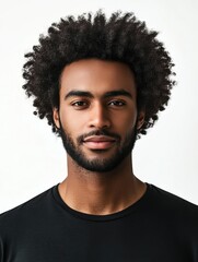 Fototapeta premium Portrait of dark skinned confident man with curly Afro hairstyle has calm face expression, looks directly at camera, being ready for serious conversation with employer, isolated over white background