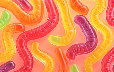 Fototapeta premium Colorful gummy worms scattered on a vibrant background, perfect for sweet treats and candy promotions.