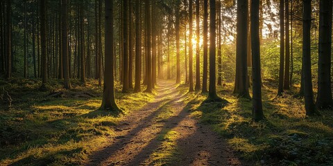 Obraz premium Silhouetted tree trunks and soft golden light dancing on forest trails