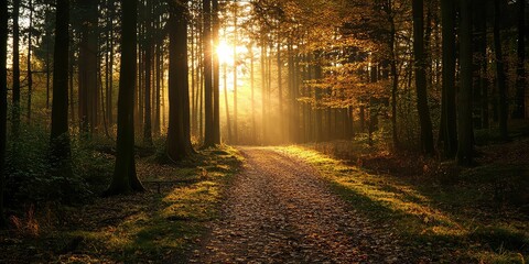 Silhouetted tree trunks and soft golden light dancing on forest trails