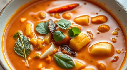 A vibrant bowl of creamy soup featuring fresh vegetables, aromatic herbs, and spices, creating a comforting and flavorful culinary experience ideal for any meal. 