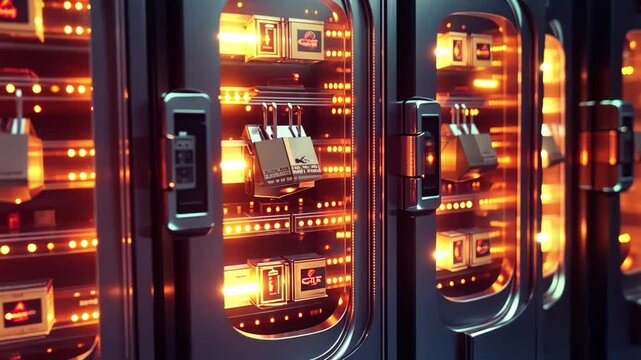 Processing data in a secure digital database with illuminated servers and locks, Processing data, discovering database over digital shopping icons and locks