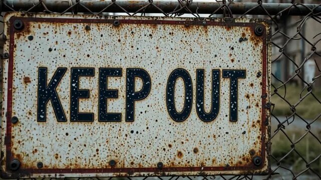 Rusted KEEP OUT Sign Attached to Chain-Link Fence, Bold Warning Message in Industrial Setting with Weathered Metal and Aged Appearance