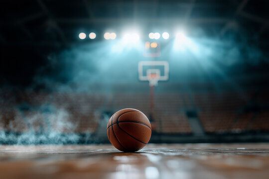 A single basketball resting at the center of a dimly lit indoor basketball arena