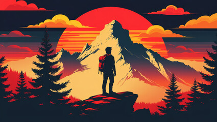 Fototapeta premium A tourist with a backpack stands and looks at a large mountain, the path ahead of him.