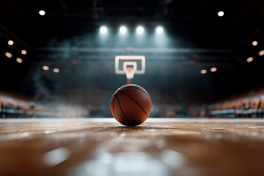 A single basketball resting at the center of a dimly lit indoor basketball arena