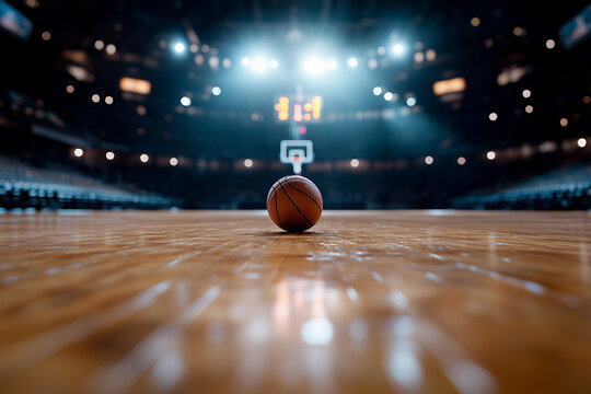 A single basketball resting at the center of a dimly lit indoor basketball arena