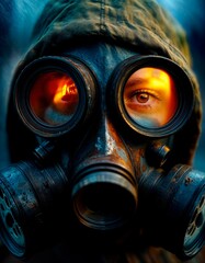 A girl in a gas mask, her eyes reflecting the fire, the apocalypse, nuclear weapons and the atomic explosion at the station. She is protected from chemical and nuclear dangers.