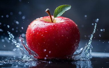 Fresh red apple splashing in water, showcasing its vibrant color and freshness, perfect for health-themed visuals.