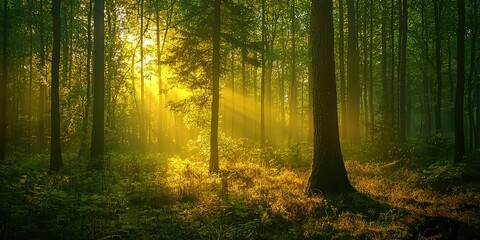Obraz premium Soft golden sunlight illuminating a fairy-tale forest clearing