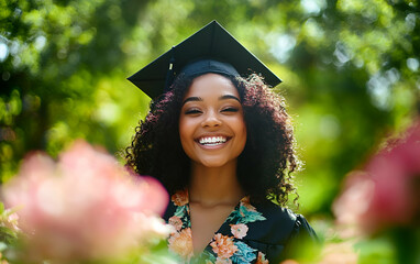 Joyful graduate celebrating achievement with a smile in a beautiful garden setting surrounded by blooming flowers.