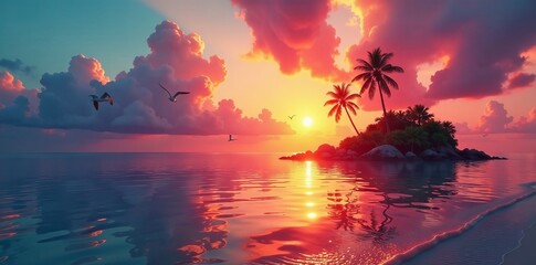 Colorful sunset over a tropical island sea shore, reflected in calm ocean waters, seagulls flying, paradise, vacation