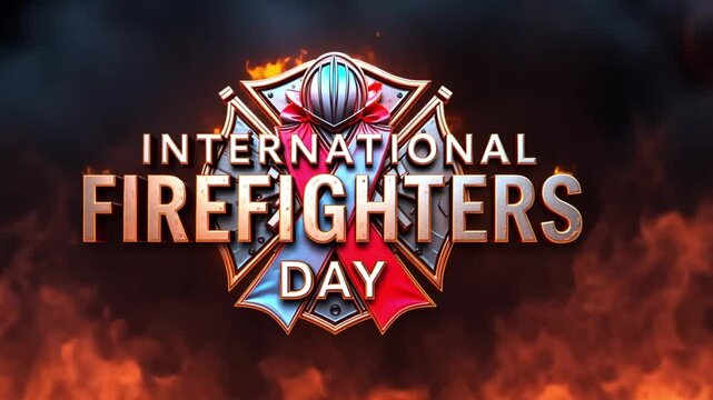 International Firefighters Day Emblem: Honoring Firefighters Worldwide with Globe, Crossed Axes, Red Ribbon, Flames, and Smoke Background