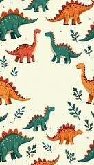 Obraz premium Cute and whimsical dinosaur illustrations in a seamless pattern design, fun, pattern