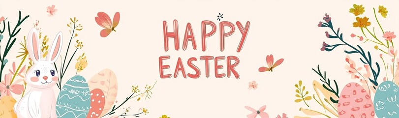 Cute Easter banner with bunny, eggs, and flowers. AI generated image