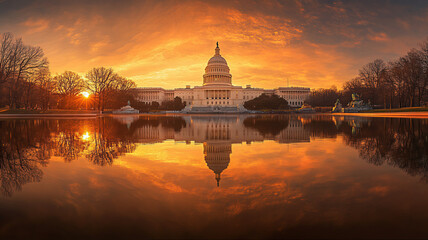 Obraz premium Silhouette of United States of America Capitol building at sunset 