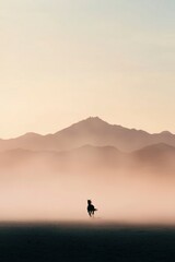 Obraz premium Dog stands in misty desert with mountains in the background for travel adverts