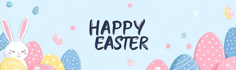 Cute Easter banner with bunny, eggs, and flowers. AI generated image