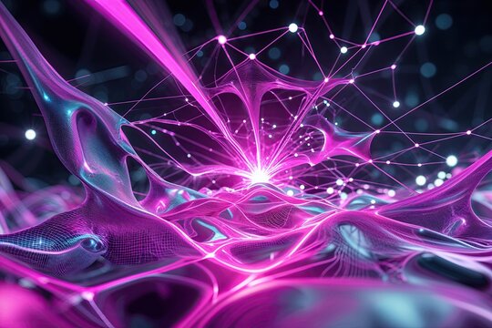 Vibrant Technology Scene Featuring Spirited Magenta Flare with Fluid Forms and Mesh Networks