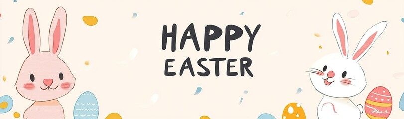 Cute Easter banner with bunny, eggs, and flowers. AI generated image